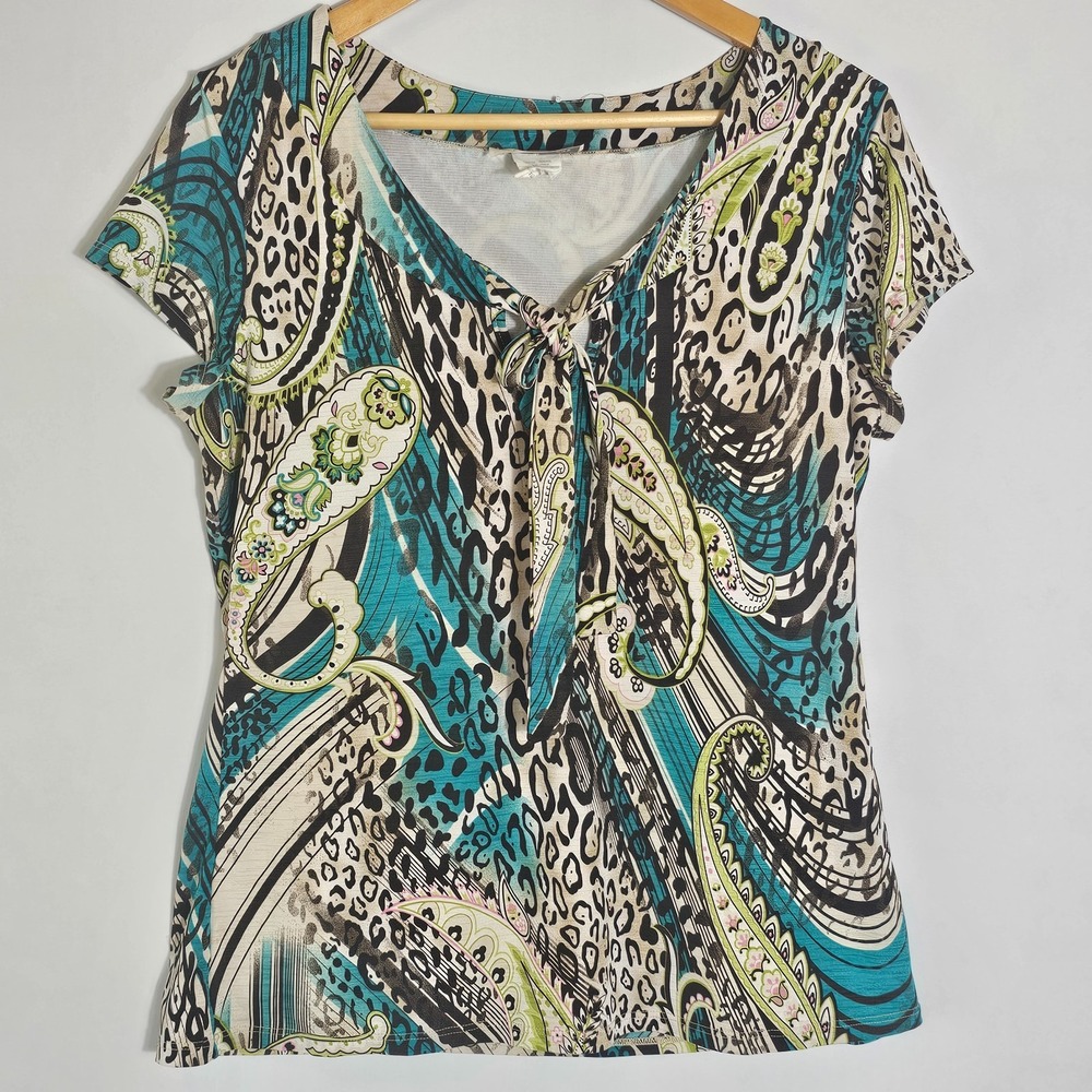 Papillon Blanc Blouse Top Womens L Multicolor Paisley Print Tie Front Outdoor